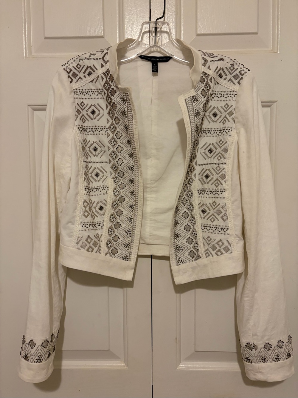 White House Black Market White Embroidered and Beaded Open Blazer